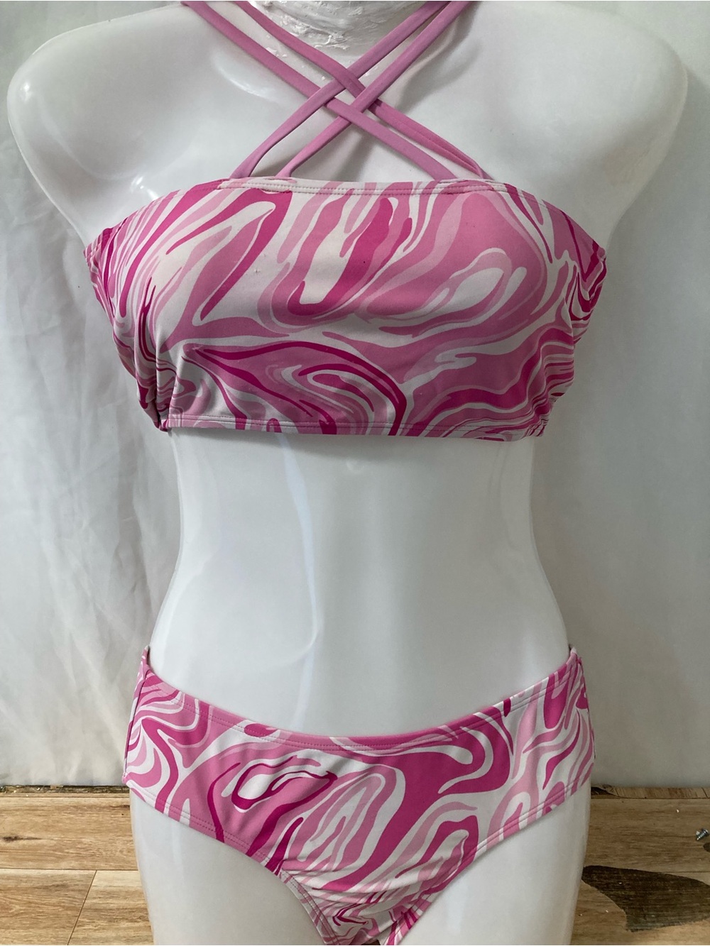 Unbranded Pink Swirl Bikini Set Size 14 Y2K Barbiecore Bandeau Swimwear